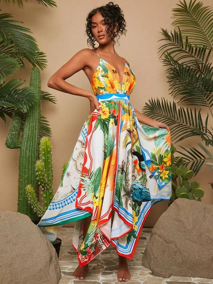 CM-DS269901 Women Trendy Bohemian Style Print Deep V-Neck Spaghetti Strap Asymmetric Hem Midi Dress