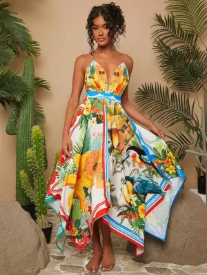 CM-DS269901 Women Trendy Bohemian Style Print Deep V-Neck Spaghetti Strap Asymmetric Hem Midi Dress