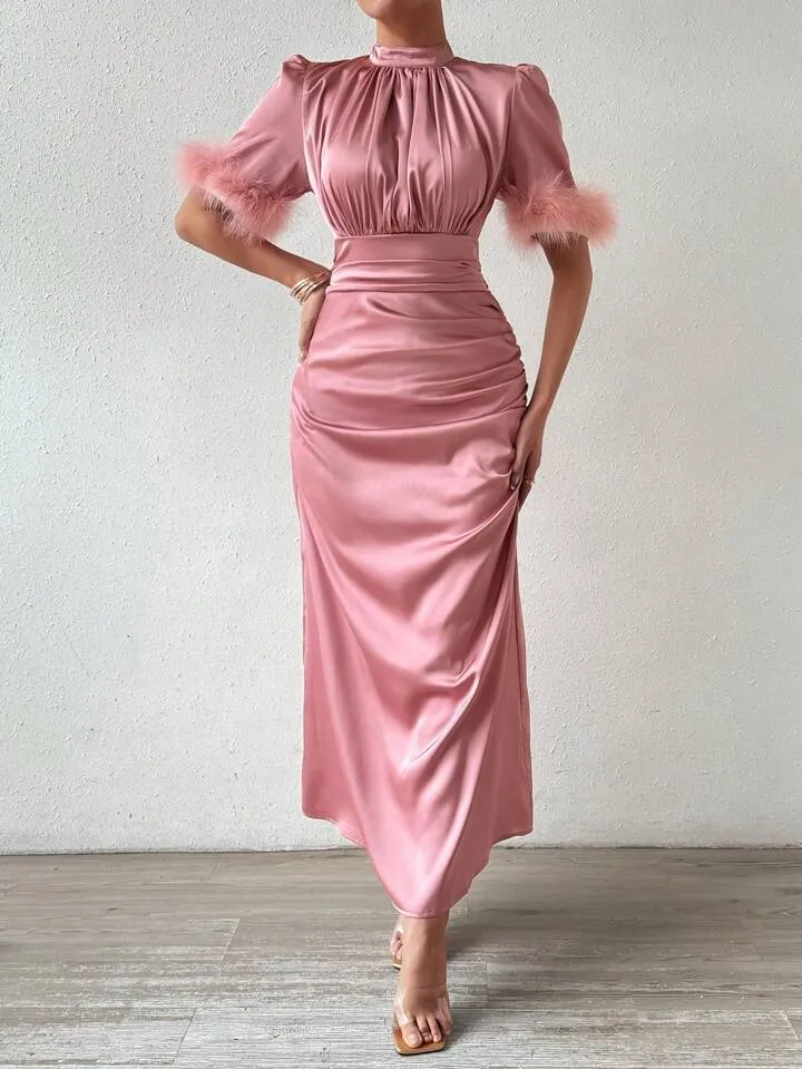 CM-DS324100 Women Elegant Seoul Style Stand Collar Satin Short Sleeve Feathers Sheath Dress