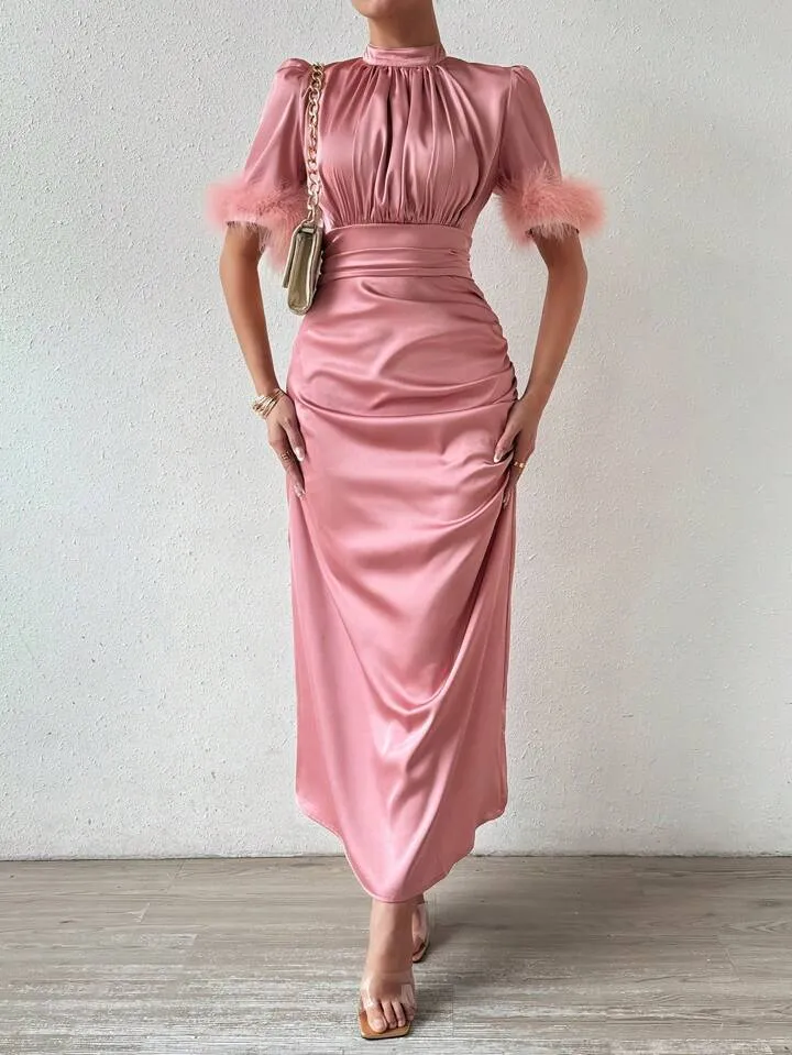 CM-DS324100 Women Elegant Seoul Style Stand Collar Satin Short Sleeve Feathers Sheath Dress