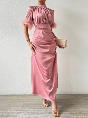 CM-DS324100 Women Elegant Seoul Style Stand Collar Satin Short Sleeve Feathers Sheath Dress