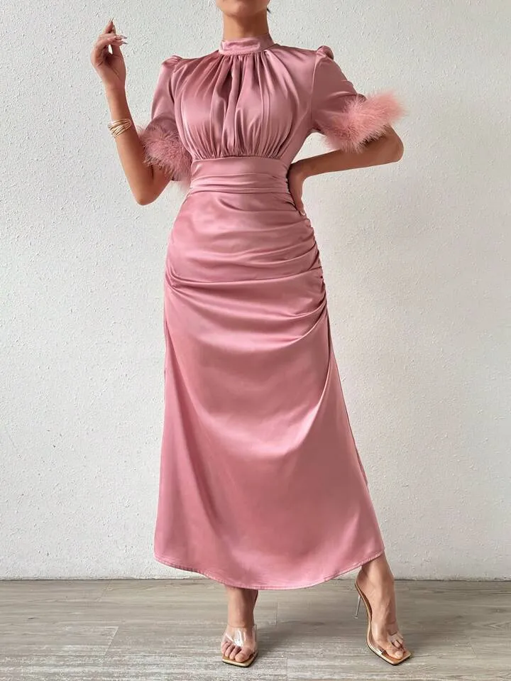 CM-DS324100 Women Elegant Seoul Style Stand Collar Satin Short Sleeve Feathers Sheath Dress