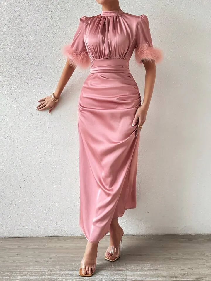 CM-DS324100 Women Elegant Seoul Style Stand Collar Satin Short Sleeve Feathers Sheath Dress