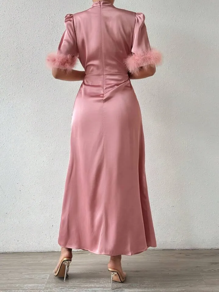 CM-DS324100 Women Elegant Seoul Style Stand Collar Satin Short Sleeve Feathers Sheath Dress