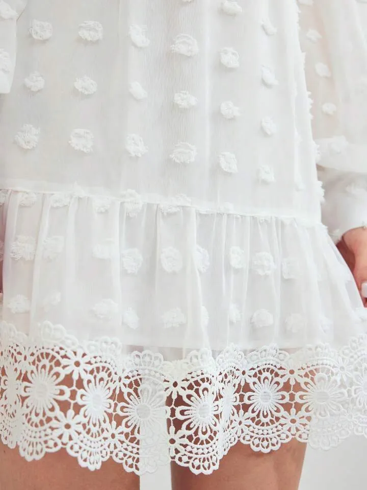 CM-DS345479 Women Elegant Seoul Style Round Neck Lantern Sleeve Contrast Lace Short Dress - White