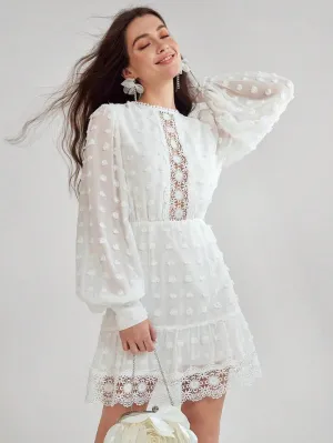 CM-DS345479 Women Elegant Seoul Style Round Neck Lantern Sleeve Contrast Lace Short Dress - White