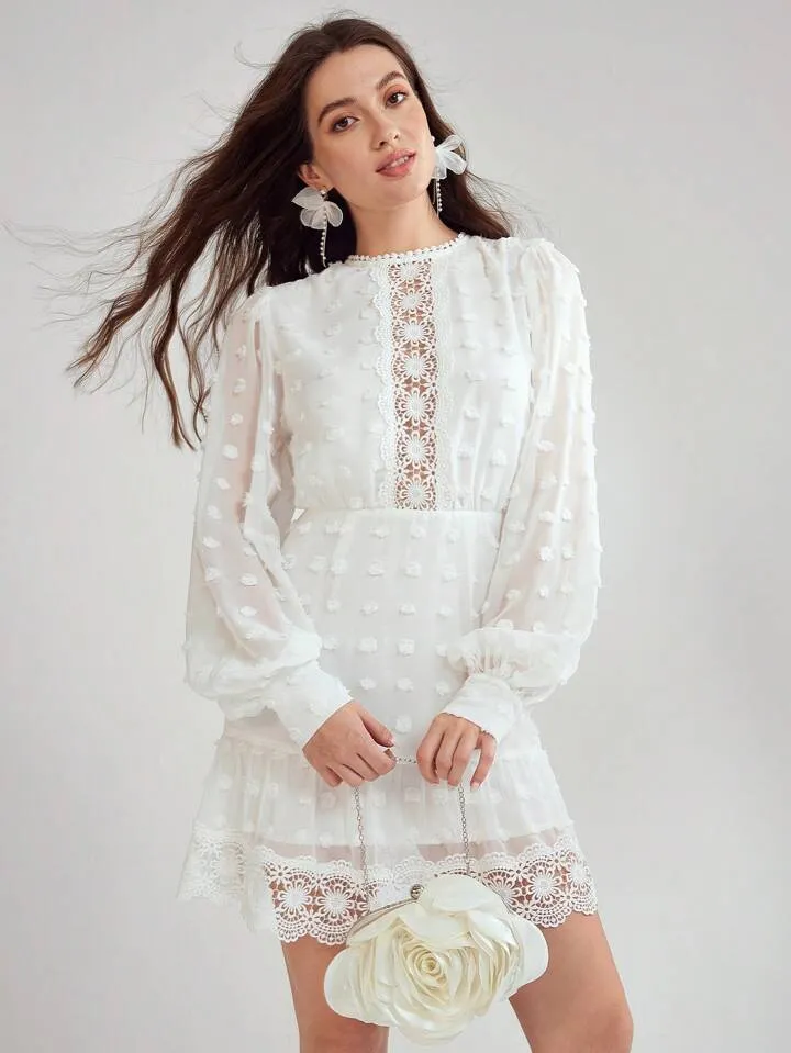 CM-DS345479 Women Elegant Seoul Style Round Neck Lantern Sleeve Contrast Lace Short Dress - White