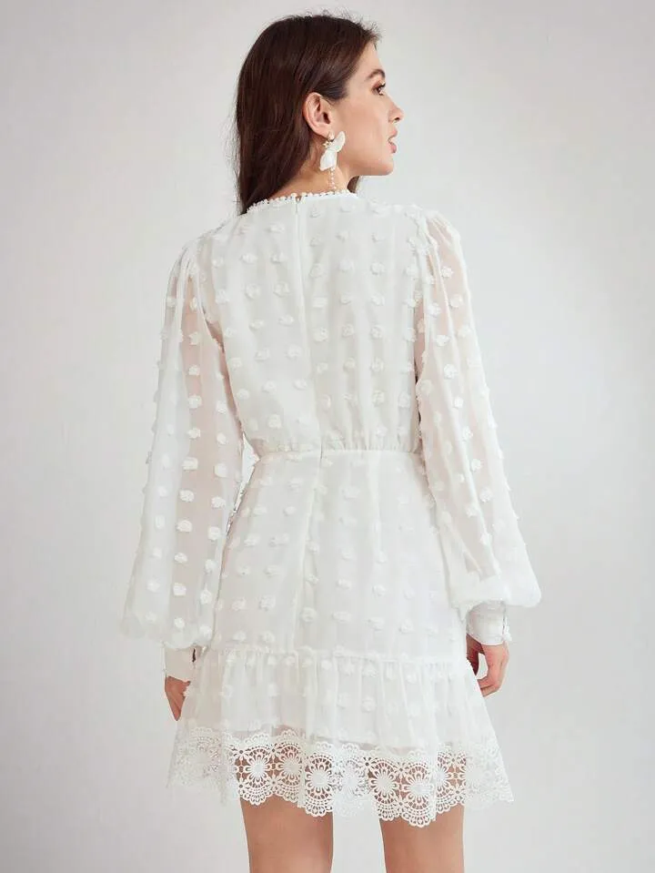 CM-DS345479 Women Elegant Seoul Style Round Neck Lantern Sleeve Contrast Lace Short Dress - White