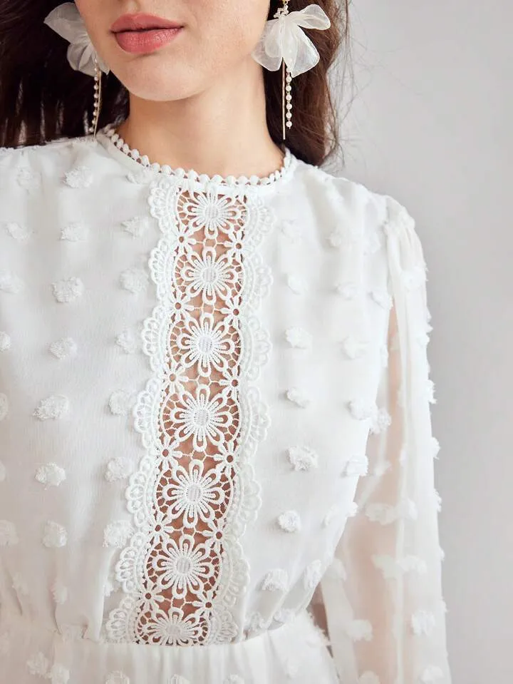 CM-DS345479 Women Elegant Seoul Style Round Neck Lantern Sleeve Contrast Lace Short Dress - White