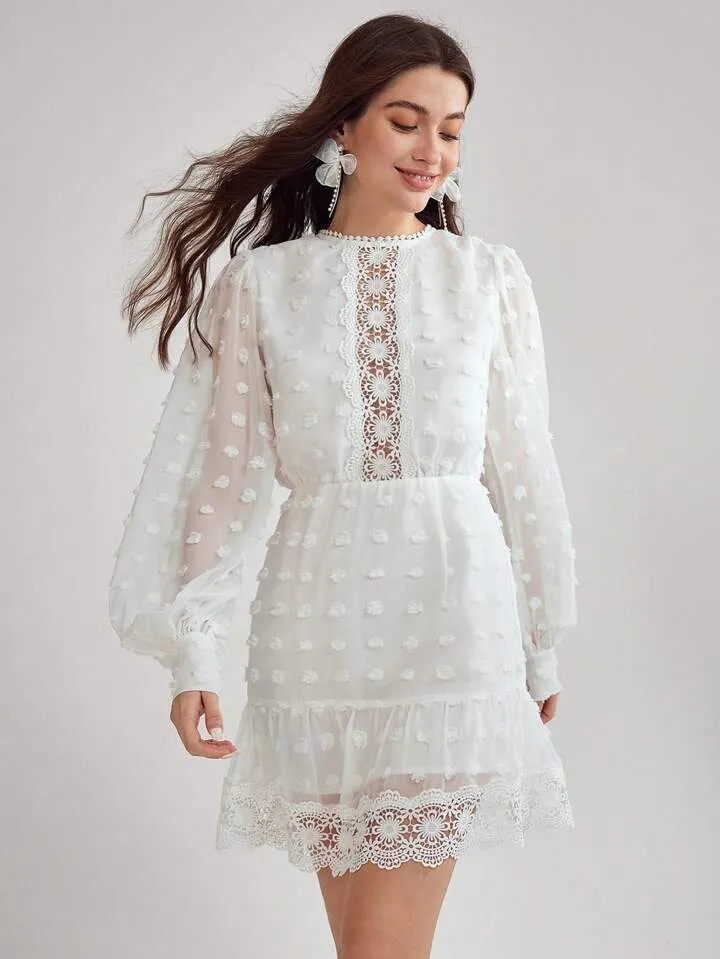 CM-DS345479 Women Elegant Seoul Style Round Neck Lantern Sleeve Contrast Lace Short Dress - White