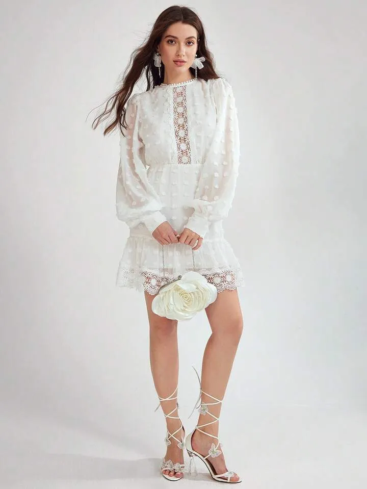 CM-DS345479 Women Elegant Seoul Style Round Neck Lantern Sleeve Contrast Lace Short Dress - White