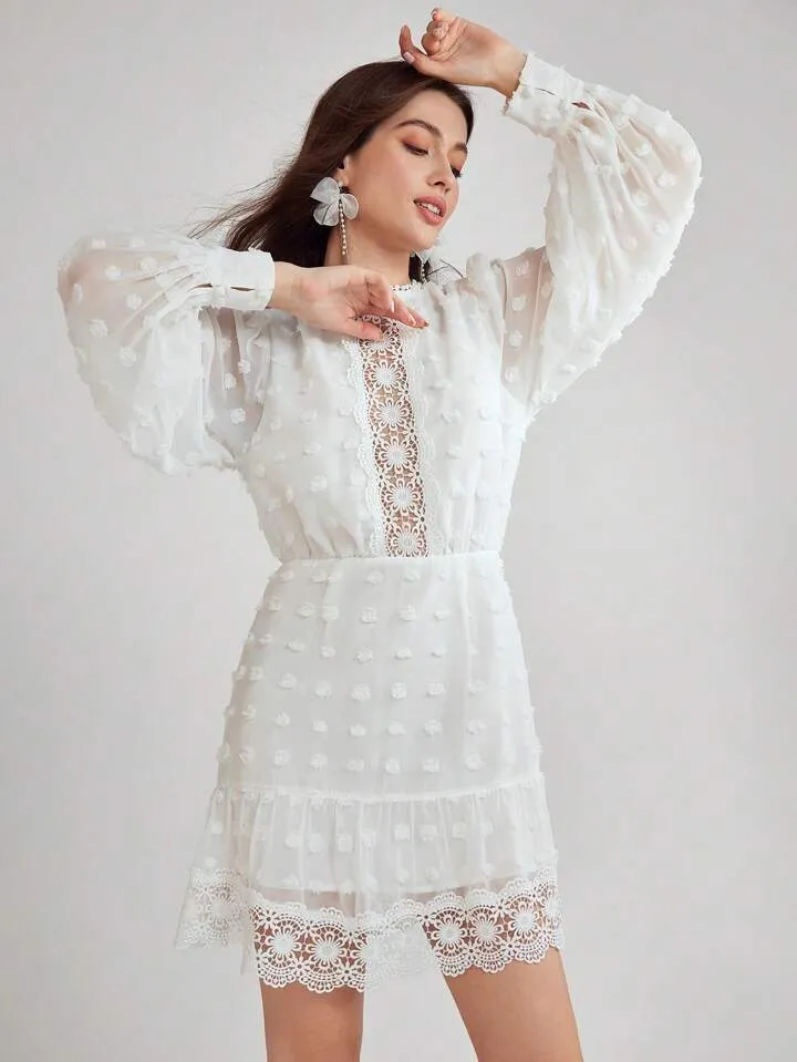 CM-DS345479 Women Elegant Seoul Style Round Neck Lantern Sleeve Contrast Lace Short Dress - White