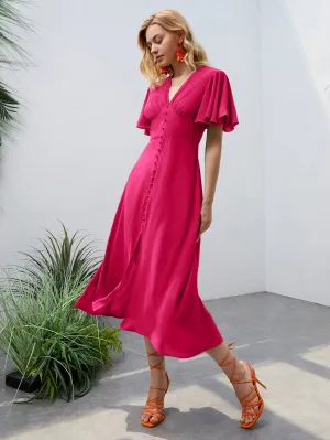 CM-DS383305 Women Elegant Seoul Style Butterfly Sleeve Button Front A-Line Dress - Hot Pink