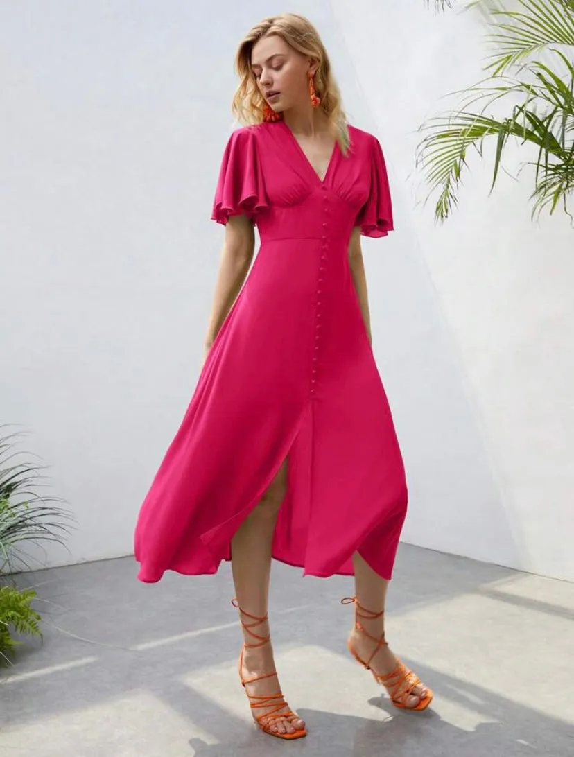 CM-DS383305 Women Elegant Seoul Style Butterfly Sleeve Button Front A-Line Dress - Hot Pink