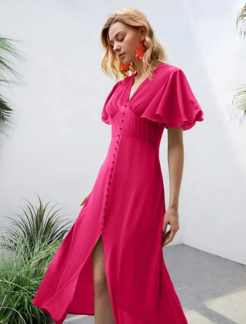 CM-DS383305 Women Elegant Seoul Style Butterfly Sleeve Button Front A-Line Dress - Hot Pink