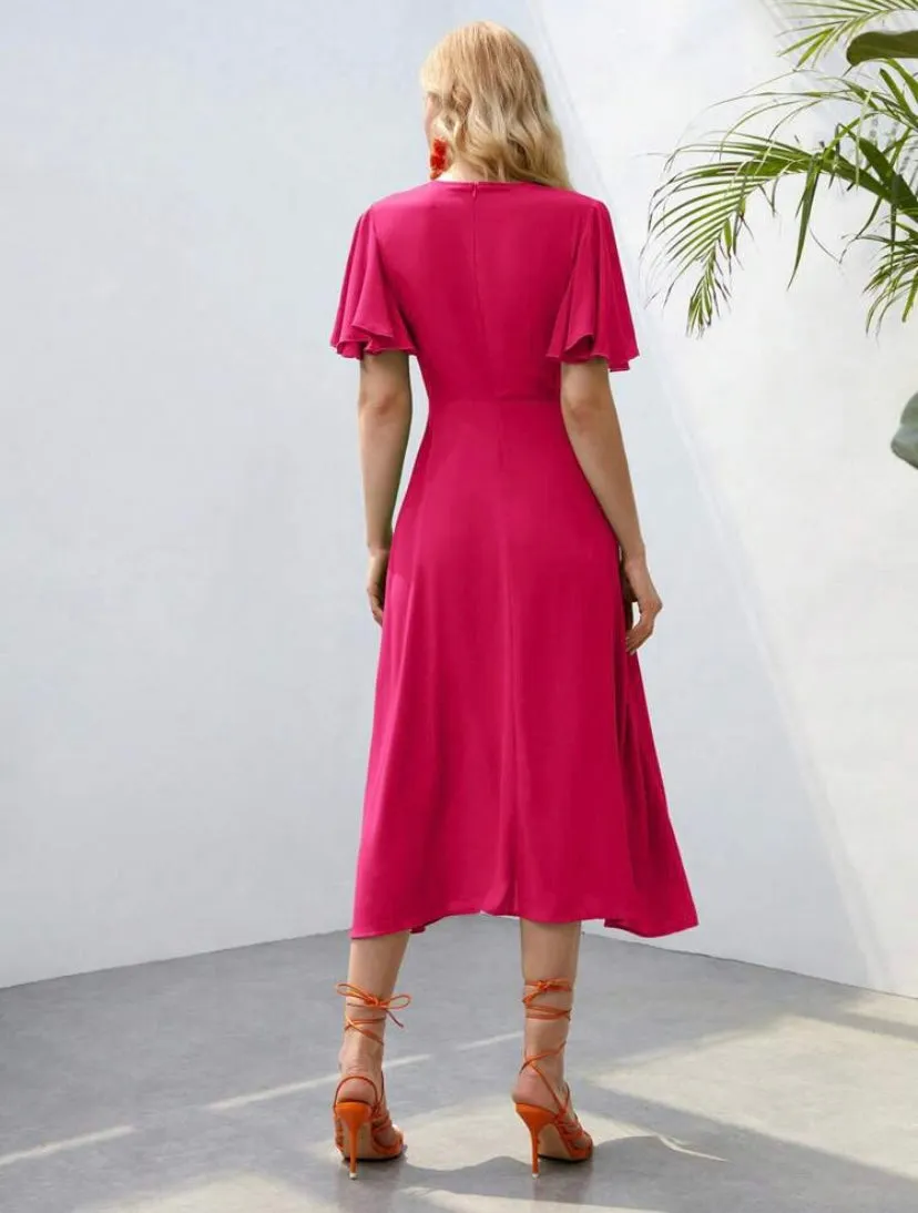 CM-DS383305 Women Elegant Seoul Style Butterfly Sleeve Button Front A-Line Dress - Hot Pink
