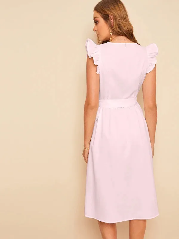 CM-DS410438 Women Elegant Seoul Style Ruffle Armhole Belted Surplice Wrap Dress - Pink