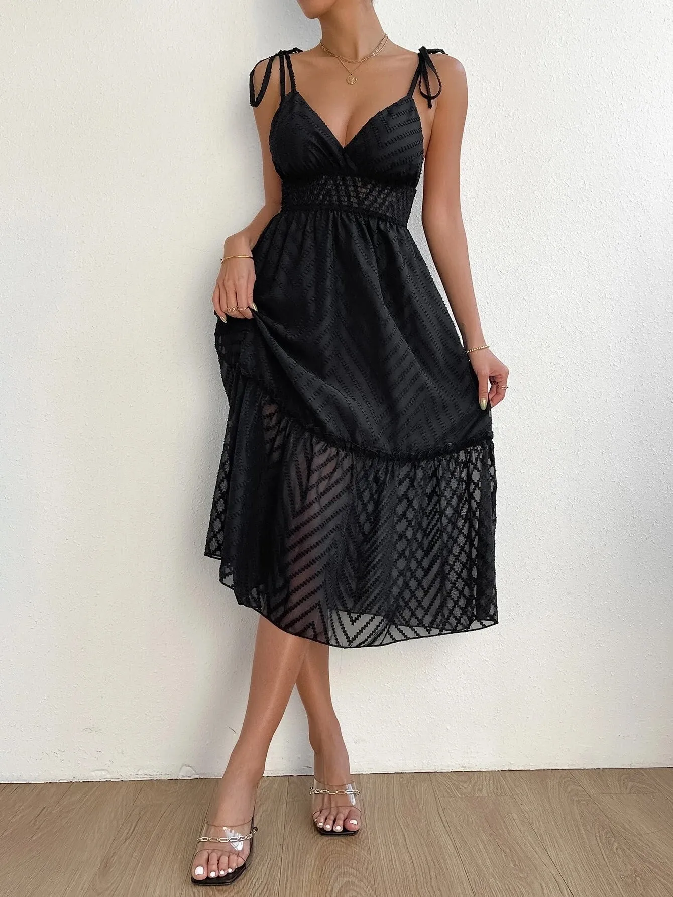 CM-DS427747 Women Casual Seoul Style Tie Shoulder Frill Trim Ruffle Hem Cami Dress