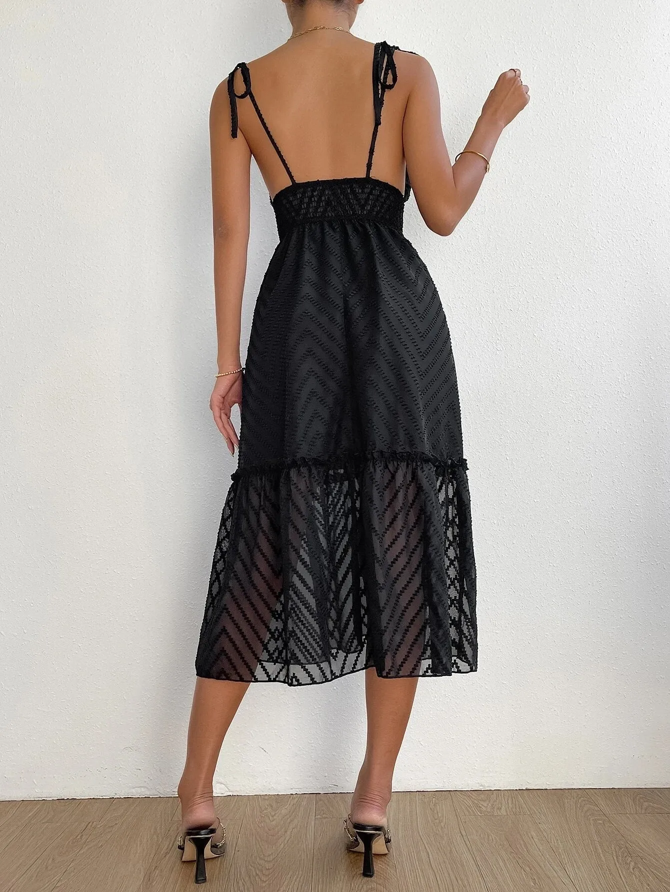 CM-DS427747 Women Casual Seoul Style Tie Shoulder Frill Trim Ruffle Hem Cami Dress