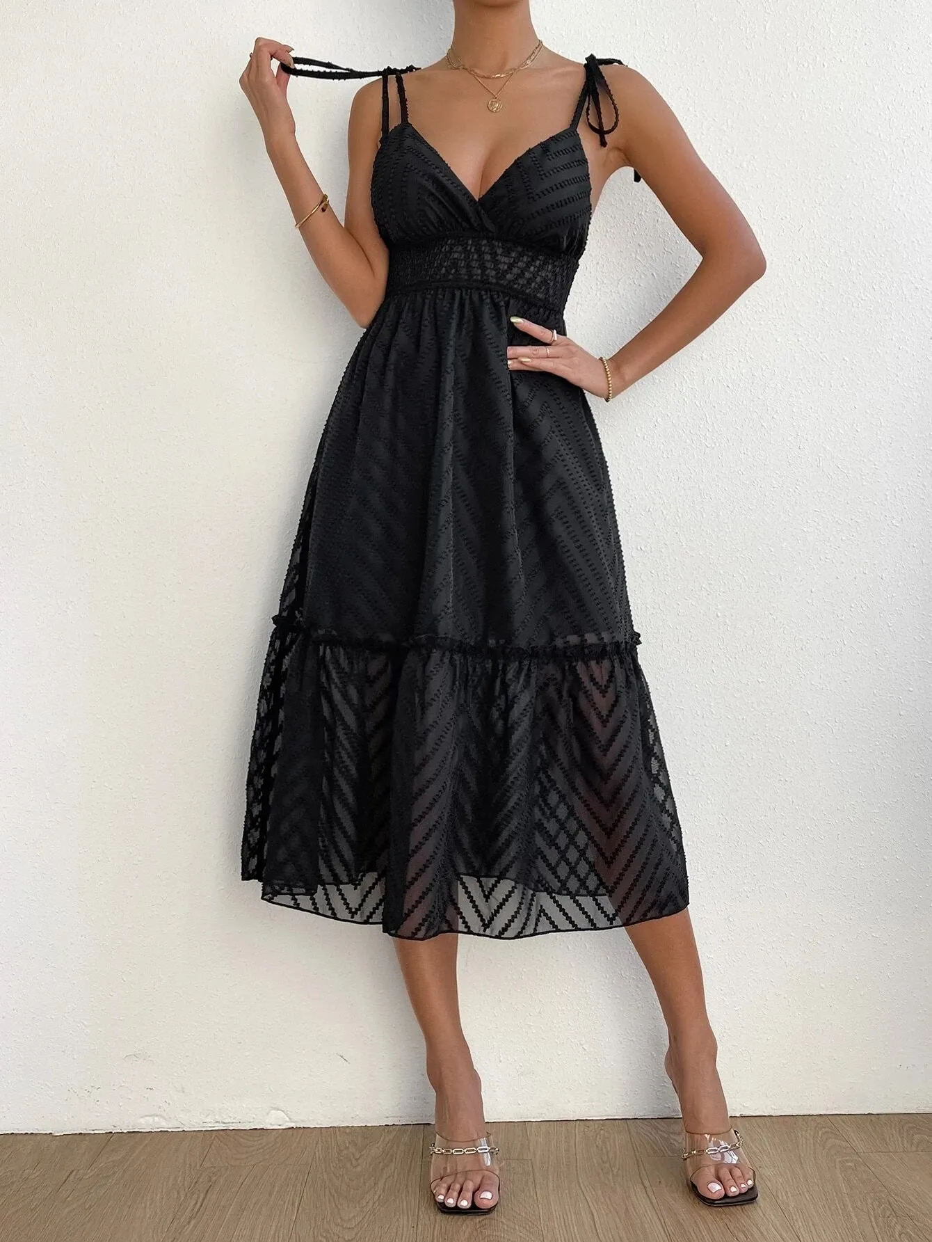 CM-DS427747 Women Casual Seoul Style Tie Shoulder Frill Trim Ruffle Hem Cami Dress