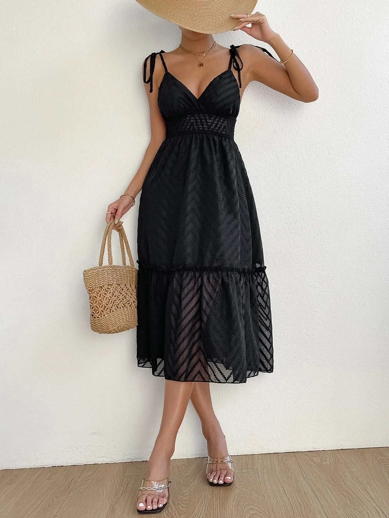 CM-DS427747 Women Casual Seoul Style Tie Shoulder Frill Trim Ruffle Hem Cami Dress