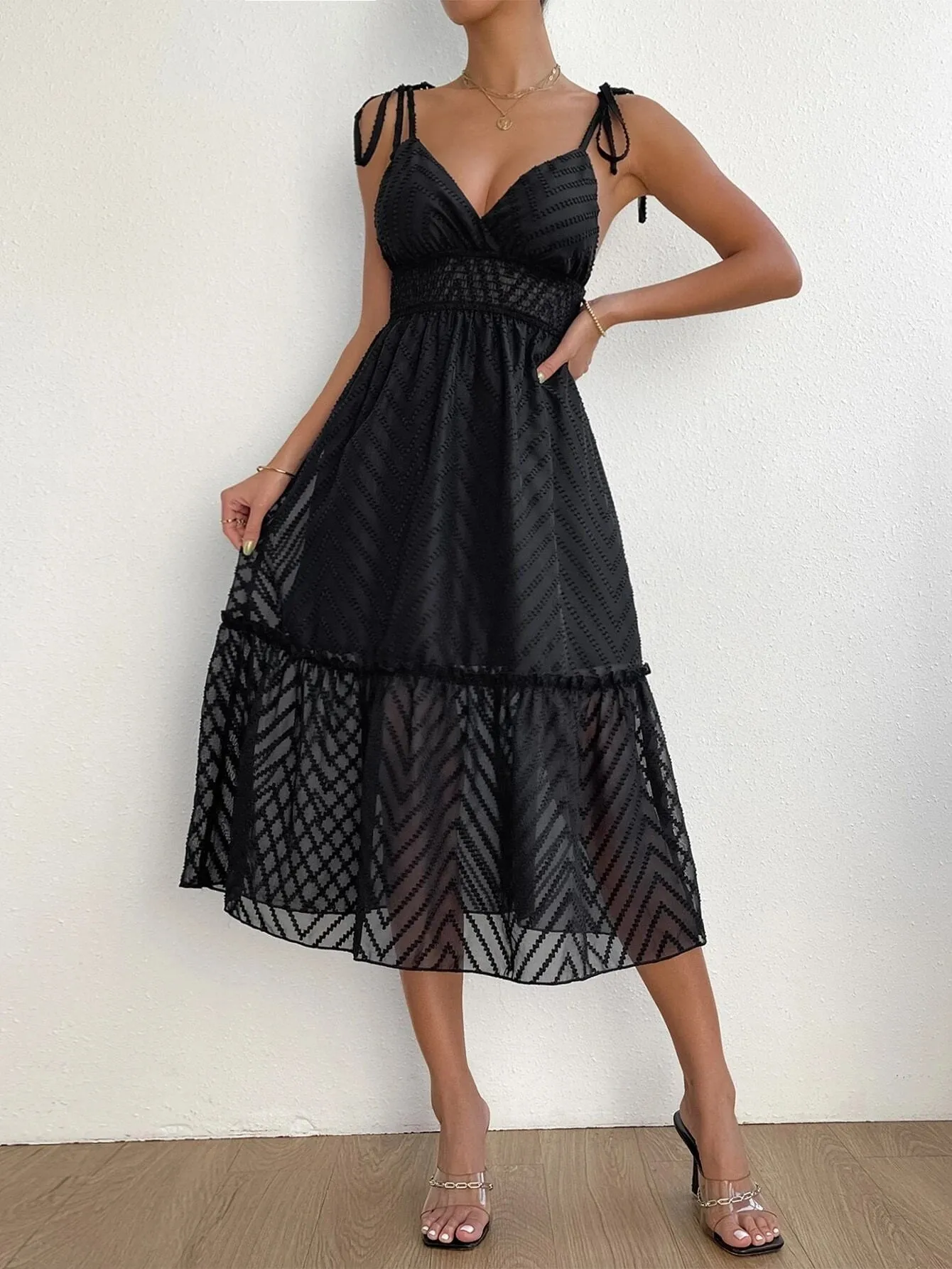 CM-DS427747 Women Casual Seoul Style Tie Shoulder Frill Trim Ruffle Hem Cami Dress
