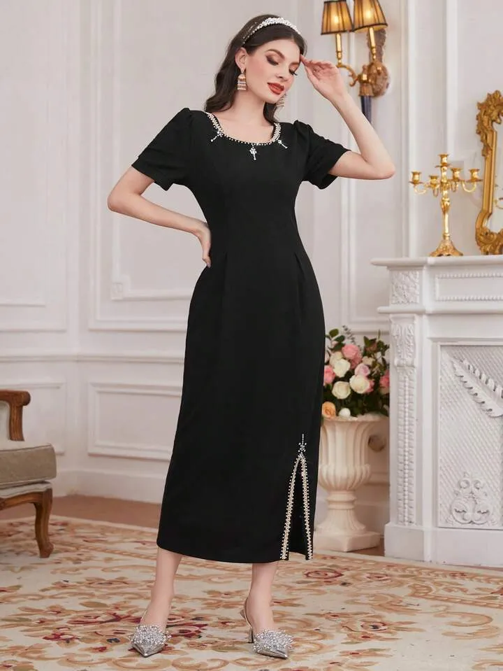 CM-DS428675 Women Elegant Seoul Style Short Puff Sleeve Slit Hem Dress - Black