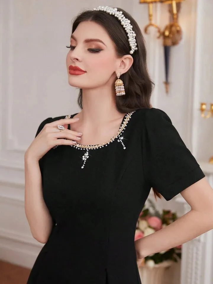 CM-DS428675 Women Elegant Seoul Style Short Puff Sleeve Slit Hem Dress - Black
