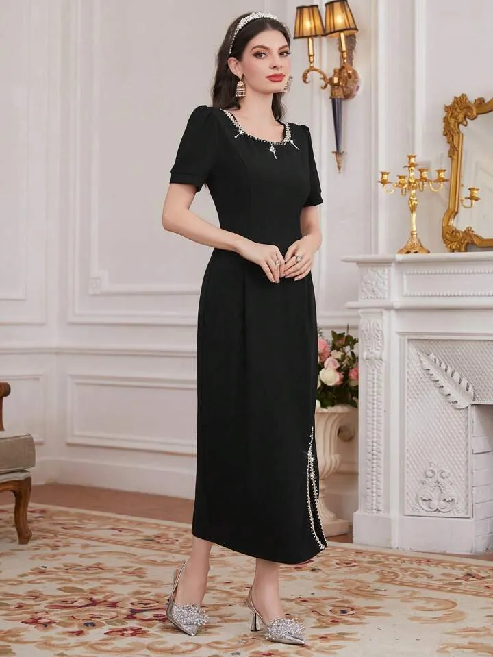 CM-DS428675 Women Elegant Seoul Style Short Puff Sleeve Slit Hem Dress - Black