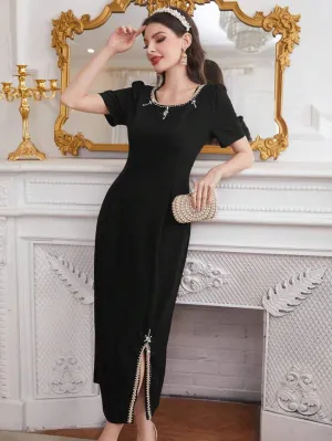 CM-DS428675 Women Elegant Seoul Style Short Puff Sleeve Slit Hem Dress - Black