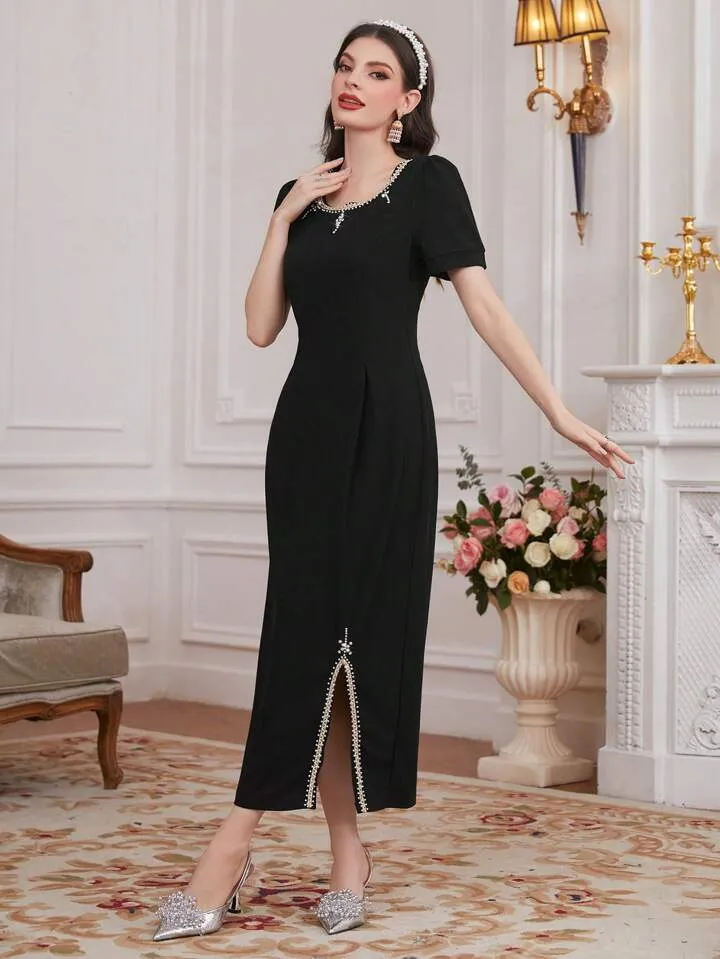 CM-DS428675 Women Elegant Seoul Style Short Puff Sleeve Slit Hem Dress - Black