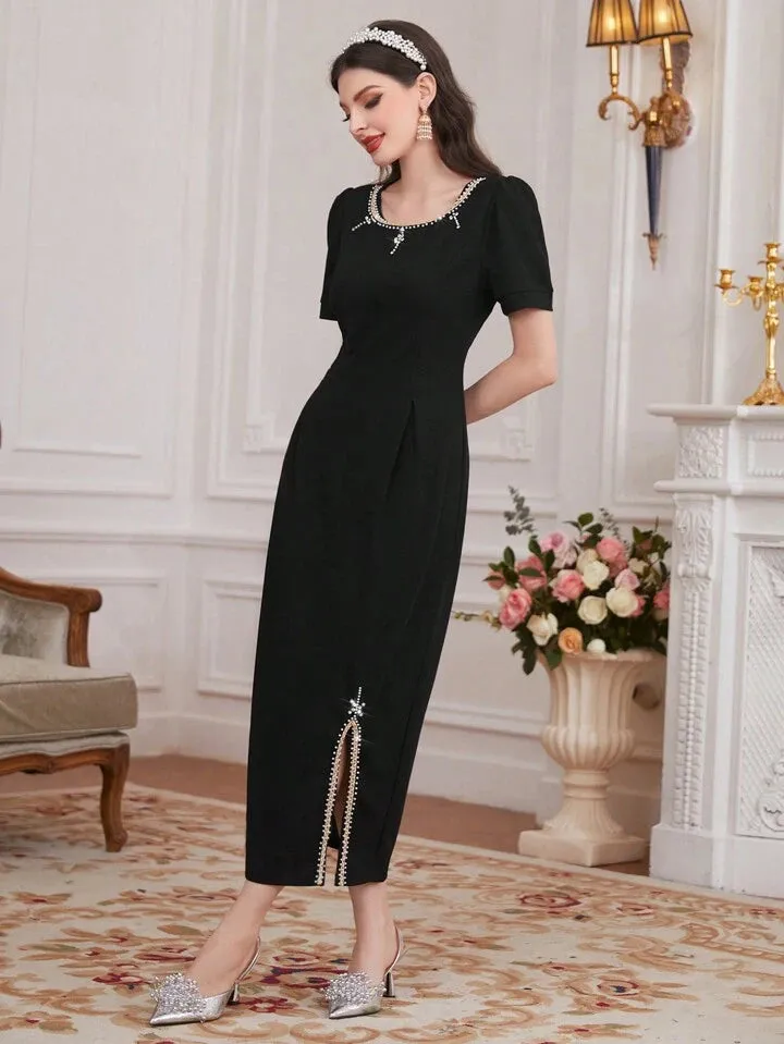 CM-DS428675 Women Elegant Seoul Style Short Puff Sleeve Slit Hem Dress - Black