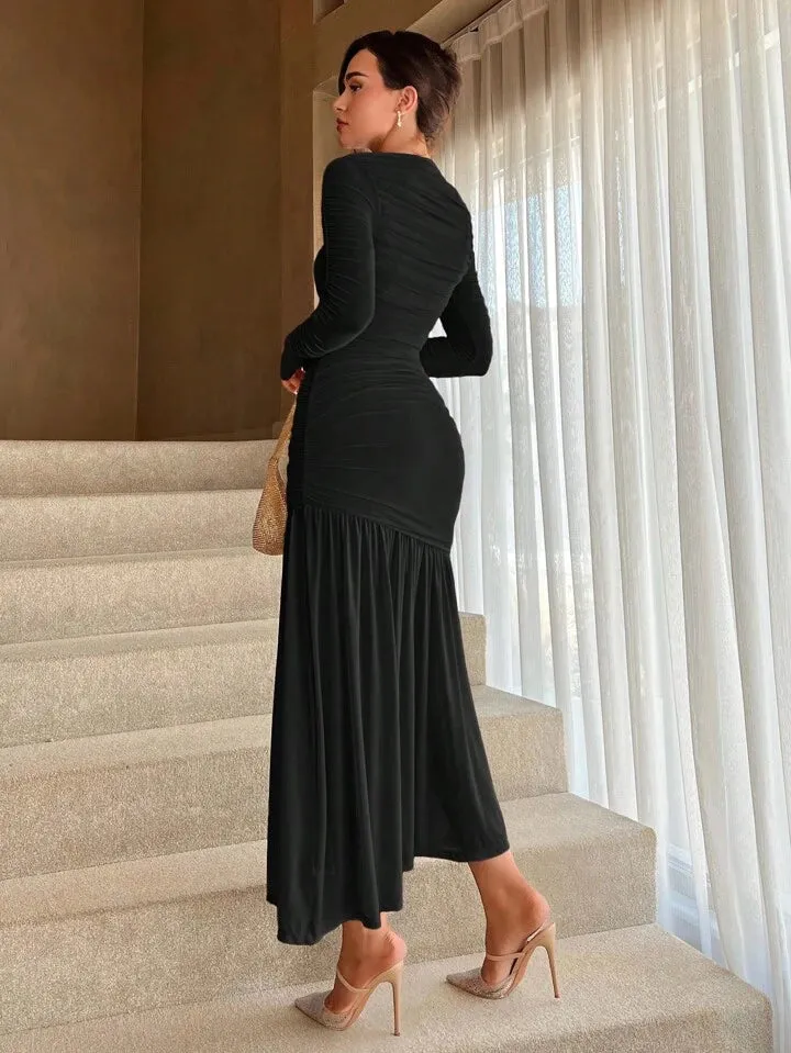 CM-DS443777 Women Elegant Seoul Style Round Neck Solid Ruched Ruffle Hem Dress - Black