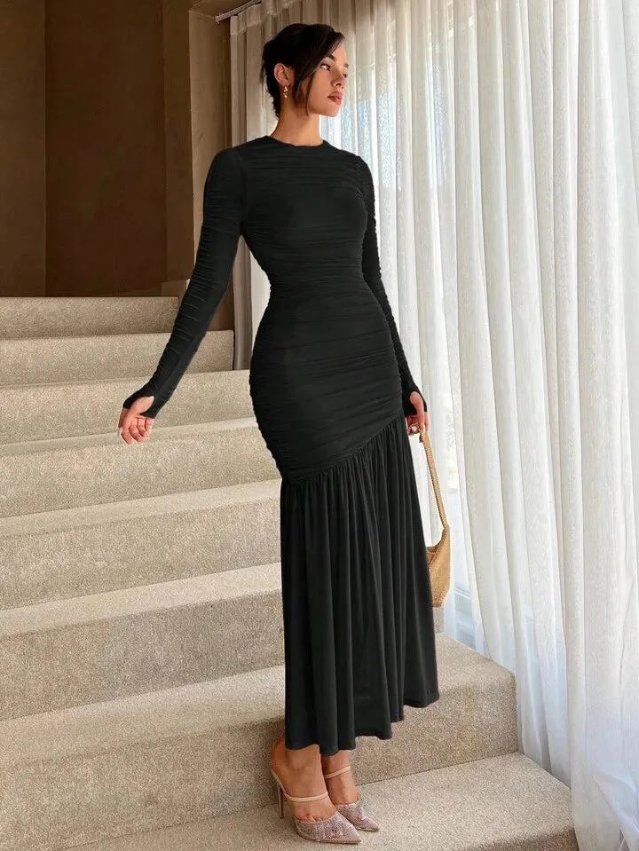 CM-DS443777 Women Elegant Seoul Style Round Neck Solid Ruched Ruffle Hem Dress - Black