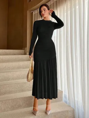 CM-DS443777 Women Elegant Seoul Style Round Neck Solid Ruched Ruffle Hem Dress - Black