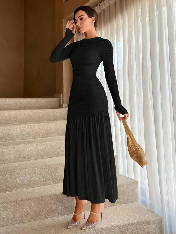 CM-DS443777 Women Elegant Seoul Style Round Neck Solid Ruched Ruffle Hem Dress - Black