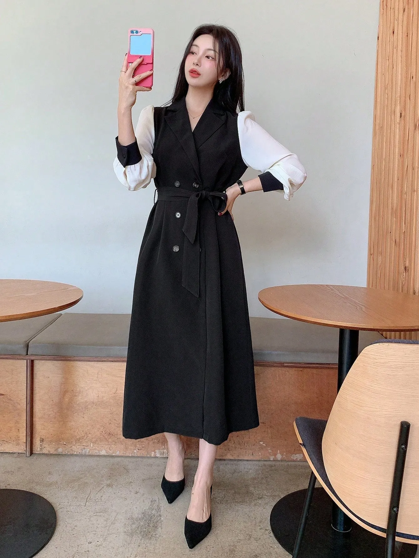 CM-DS484969 Women Elegant Seoul Style Double-Breasted Lapel Neckline Long Sleeve Dress