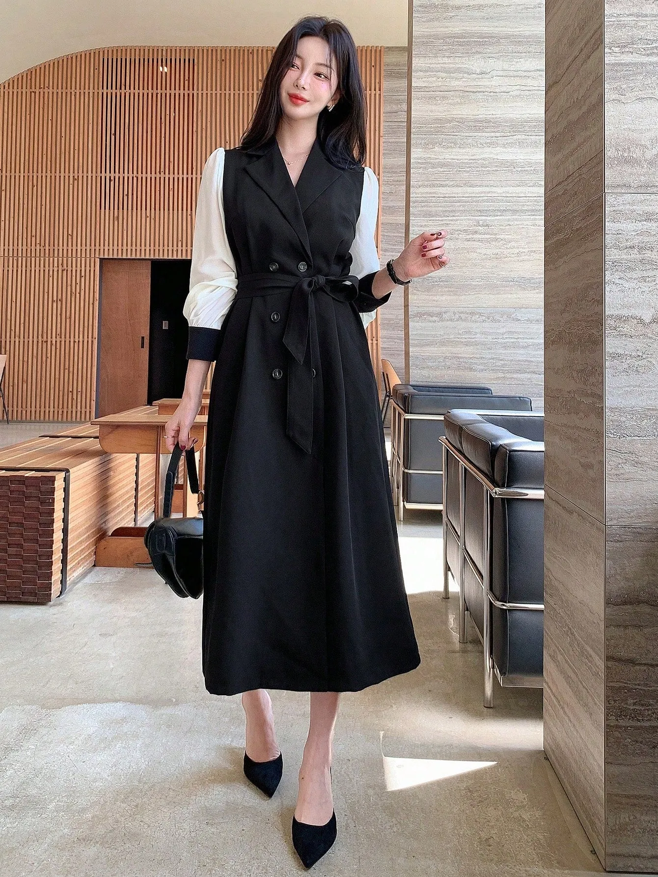 CM-DS484969 Women Elegant Seoul Style Double-Breasted Lapel Neckline Long Sleeve Dress