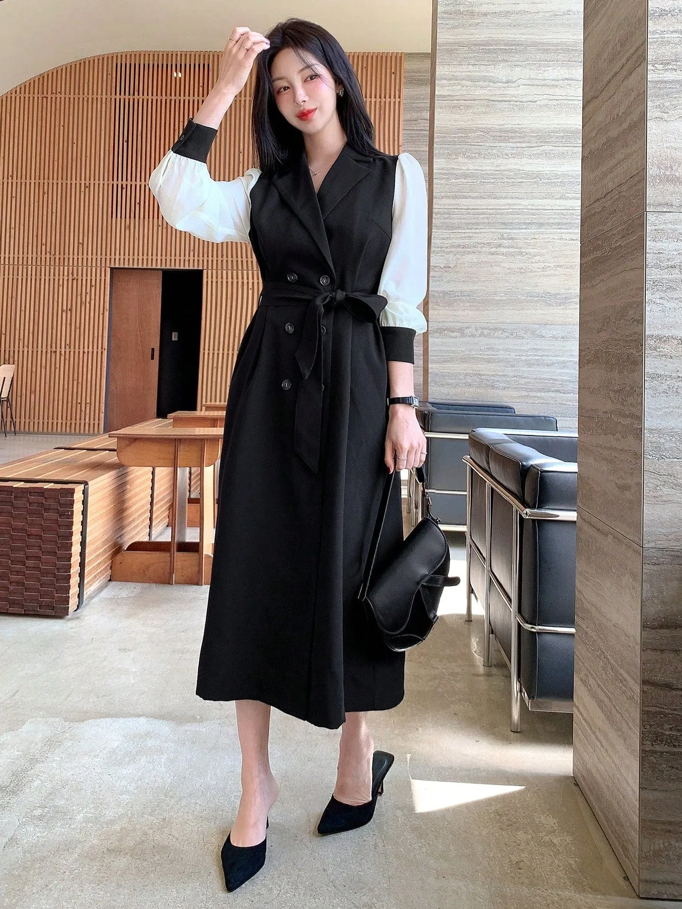CM-DS484969 Women Elegant Seoul Style Double-Breasted Lapel Neckline Long Sleeve Dress