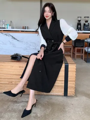 CM-DS484969 Women Elegant Seoul Style Double-Breasted Lapel Neckline Long Sleeve Dress