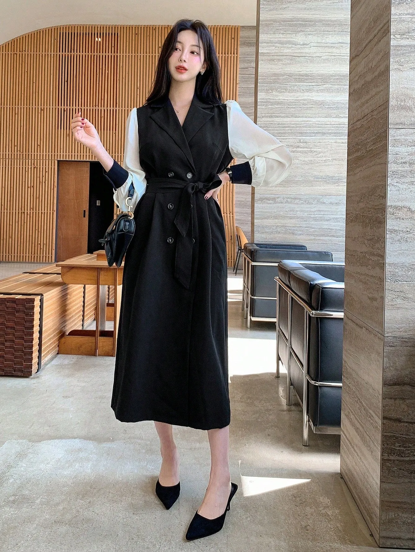 CM-DS484969 Women Elegant Seoul Style Double-Breasted Lapel Neckline Long Sleeve Dress