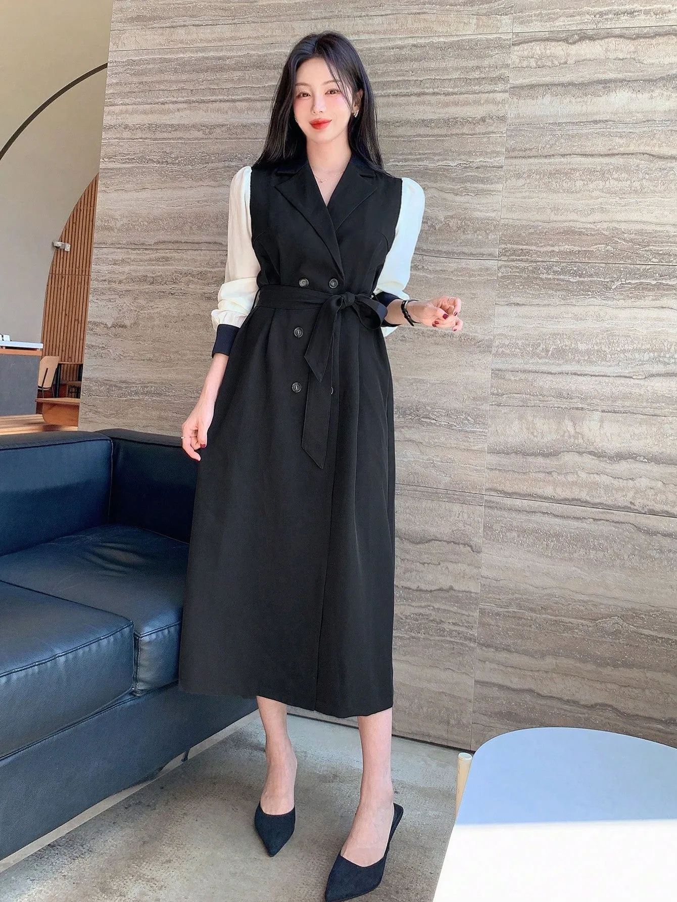 CM-DS484969 Women Elegant Seoul Style Double-Breasted Lapel Neckline Long Sleeve Dress