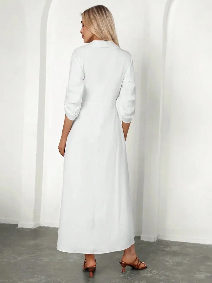 CM-DS504228 Women Casual Seoul Style Shirt Collar Rolled Up Sleeves Long Dress - White