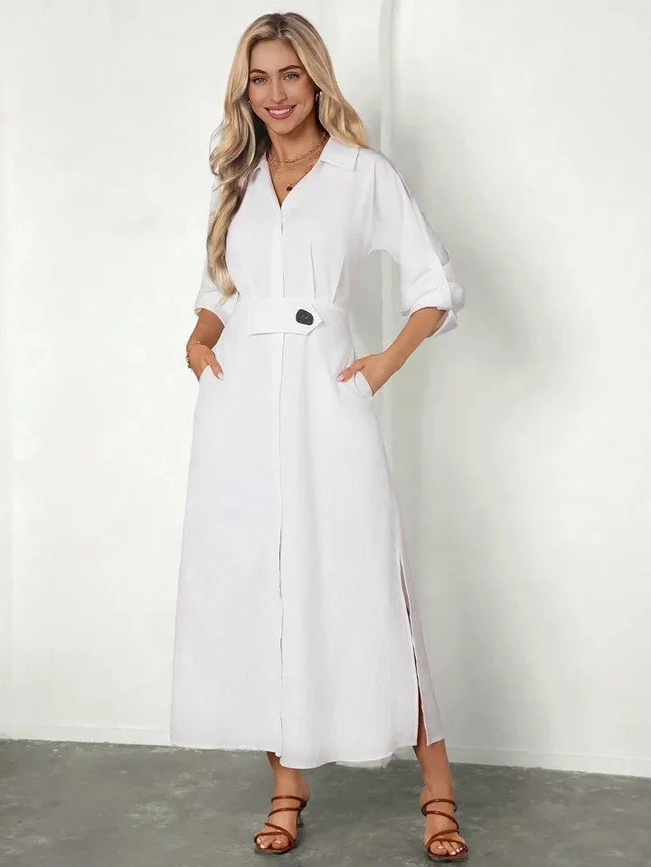 CM-DS504228 Women Casual Seoul Style Shirt Collar Rolled Up Sleeves Long Dress - White