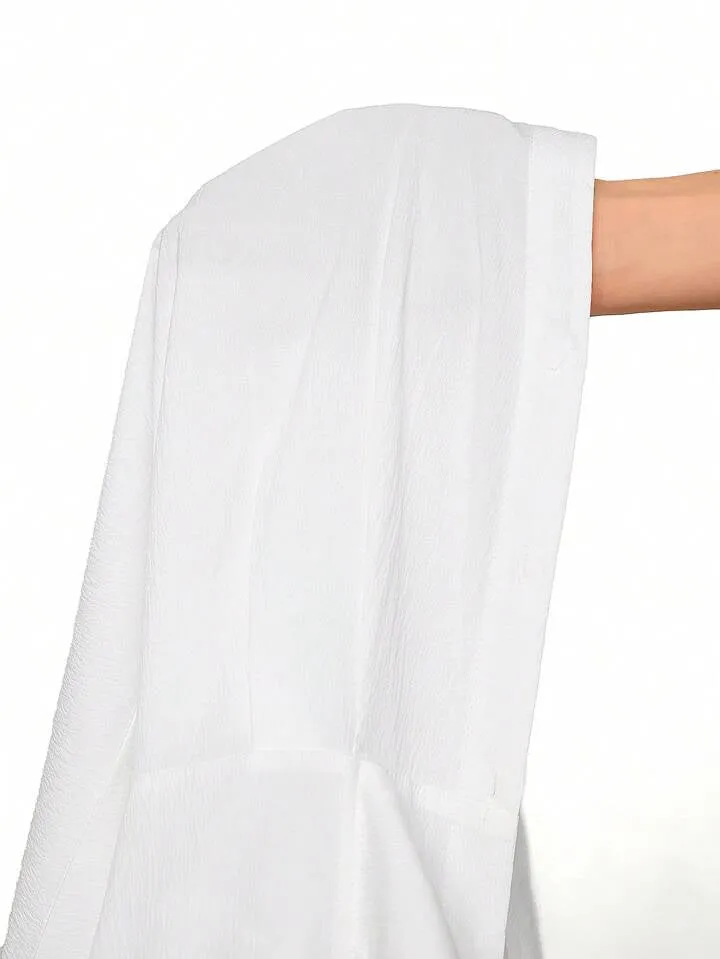 CM-DS504228 Women Casual Seoul Style Shirt Collar Rolled Up Sleeves Long Dress - White