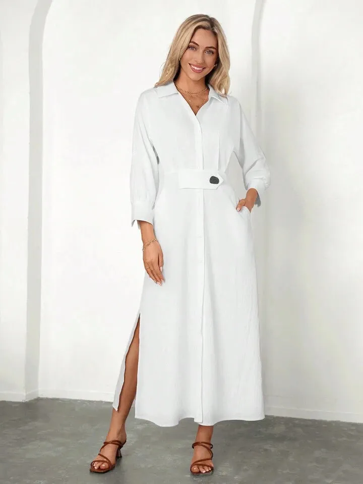 CM-DS504228 Women Casual Seoul Style Shirt Collar Rolled Up Sleeves Long Dress - White