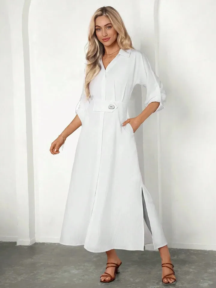 CM-DS504228 Women Casual Seoul Style Shirt Collar Rolled Up Sleeves Long Dress - White