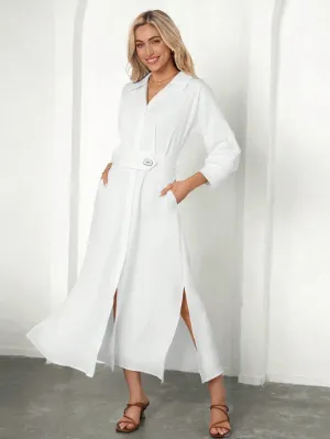 CM-DS504228 Women Casual Seoul Style Shirt Collar Rolled Up Sleeves Long Dress - White