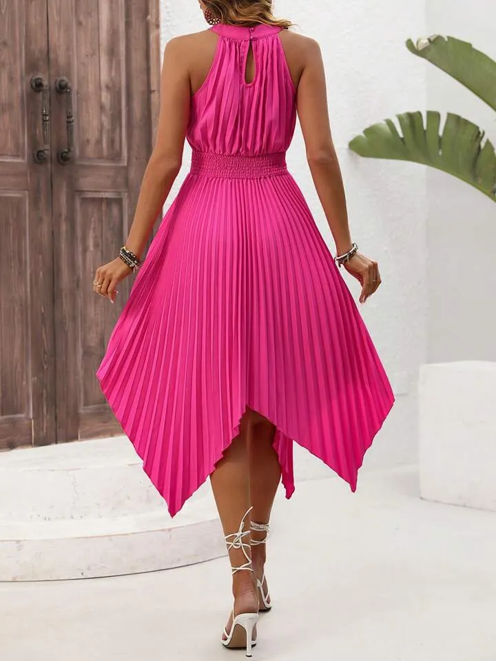 CM-DS507609 Women Casual Seoul Style Pleated Asymmetric Hem Halter Neck Midi Dress - Hot Pink