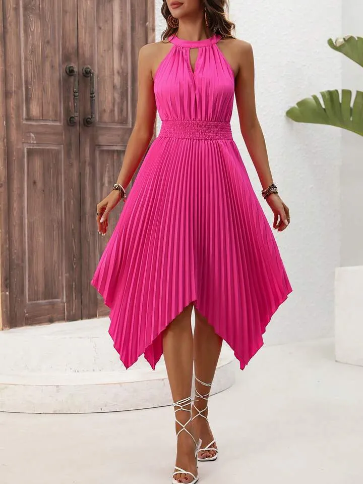 CM-DS507609 Women Casual Seoul Style Pleated Asymmetric Hem Halter Neck Midi Dress - Hot Pink